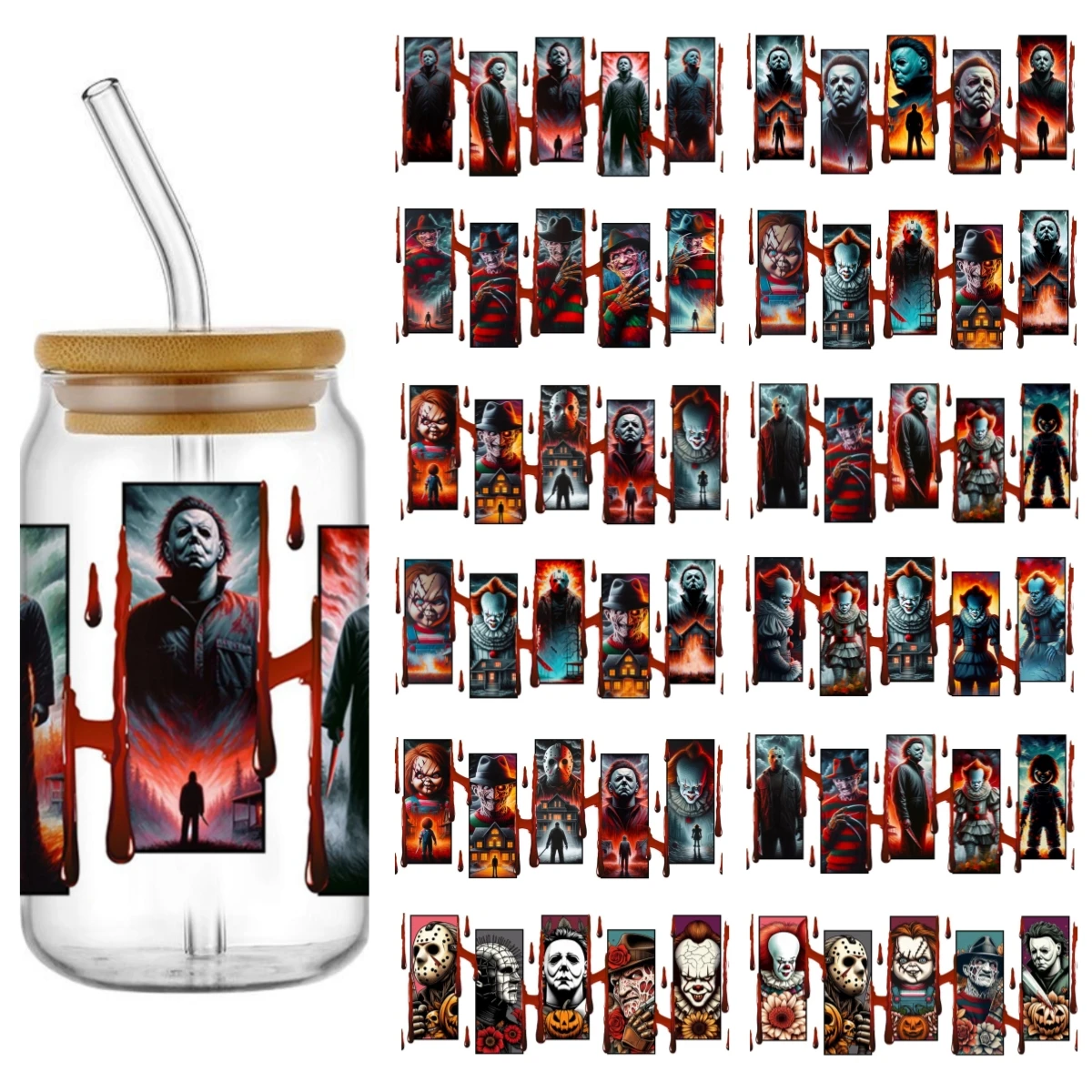 

Miniso Halloween horror movie characters Transfer UV DTF Cup Wrap Sticker for 160z Libbey Glasses DIY Waterproof Sticker