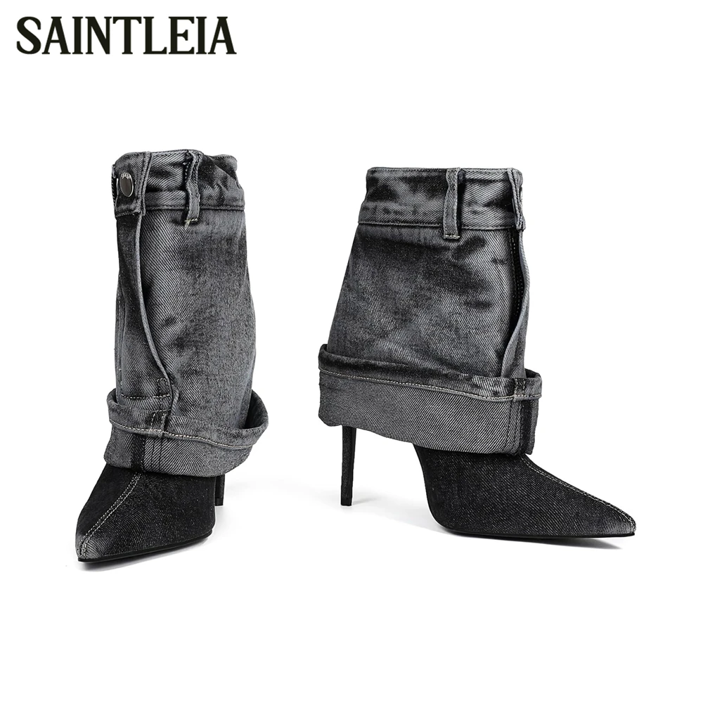 Pull up Pointed Toe Stiletto Boots Western Cowboy Handmade Boots Jeans Novelty Designer Style Boots for Women Black Blue Denim