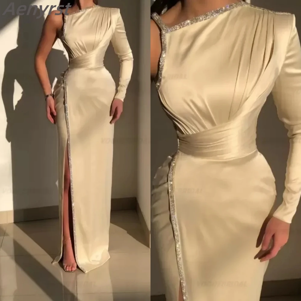 Vestidos de Noche elegantes color champán, Vestidos de graduación de manga larga con un hombro, vestido de fiesta de boda personalizado con cuentas, Vestidos para mujer