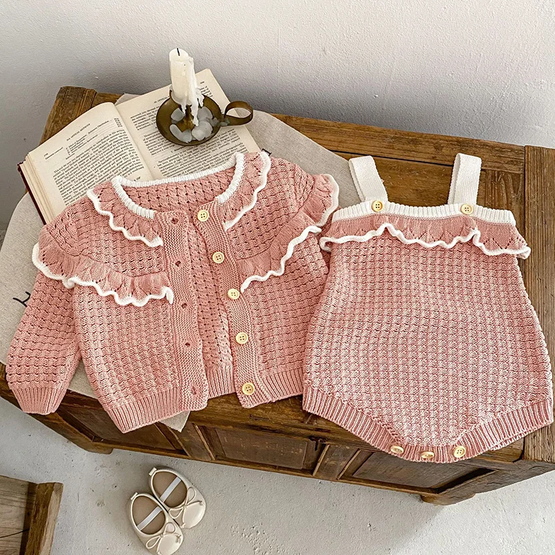 

Knitted Suit Ruffled Sweater Jacket+Sleeveless Rompers Set Baby Girls Spring Autumn Knitting Clothes Knitwear