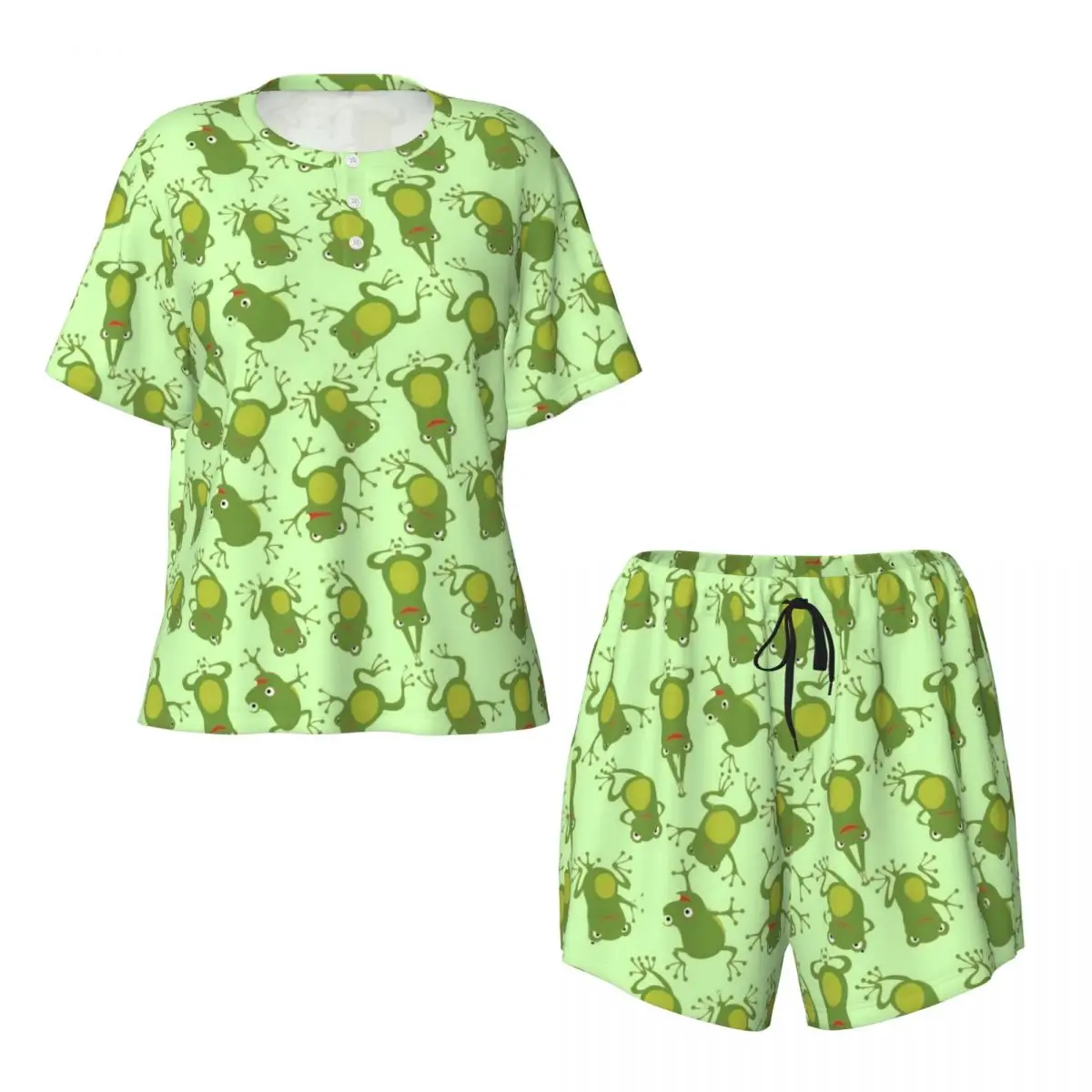 Green Frog Lovers Pajamas Short Sleeve Animal Print 2 Piece Sleep Pajama Sets Daily Female O Neck Kawaii Home Suit