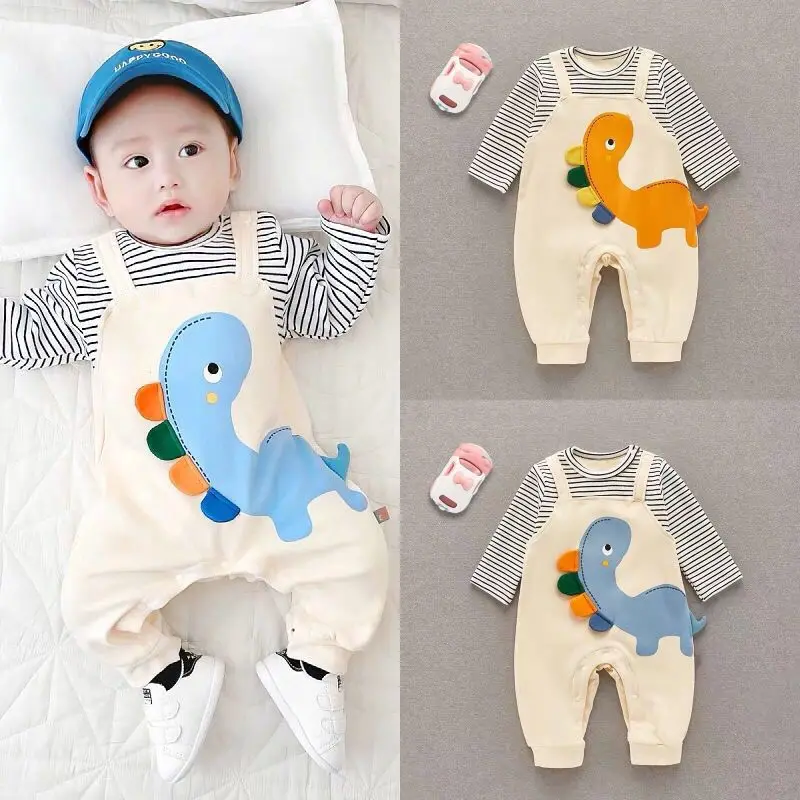 2024 Autumn Baby Clothes Newborn Jumpsuit Infant Boys False 2 Pcs Stripe Patchwork Romper Toddler Cartoon Dinosaur One Piece