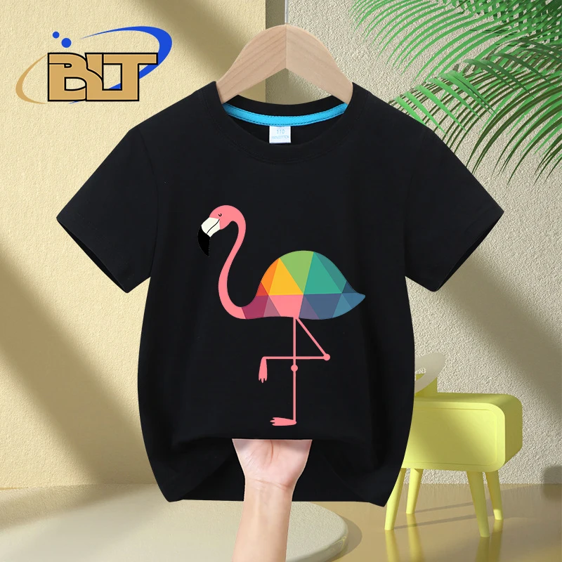 Rainbow Flamingo printed kids T-shirt summer children's pure cotton short-sleeved casual tops boys and girls gifts