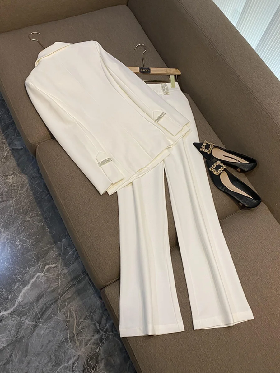 Ensemble de costume pantalon blanc à jambes larges pour femmes, ensemble deux pièces formel Profional Faion Sensation fer sur strass C32
