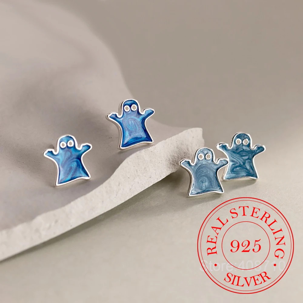 

925 Sterling Silver Jewelry Cute Blue Ghost Stud Earrings for Women Wedding Party Jewelry For Girls Friend Gift