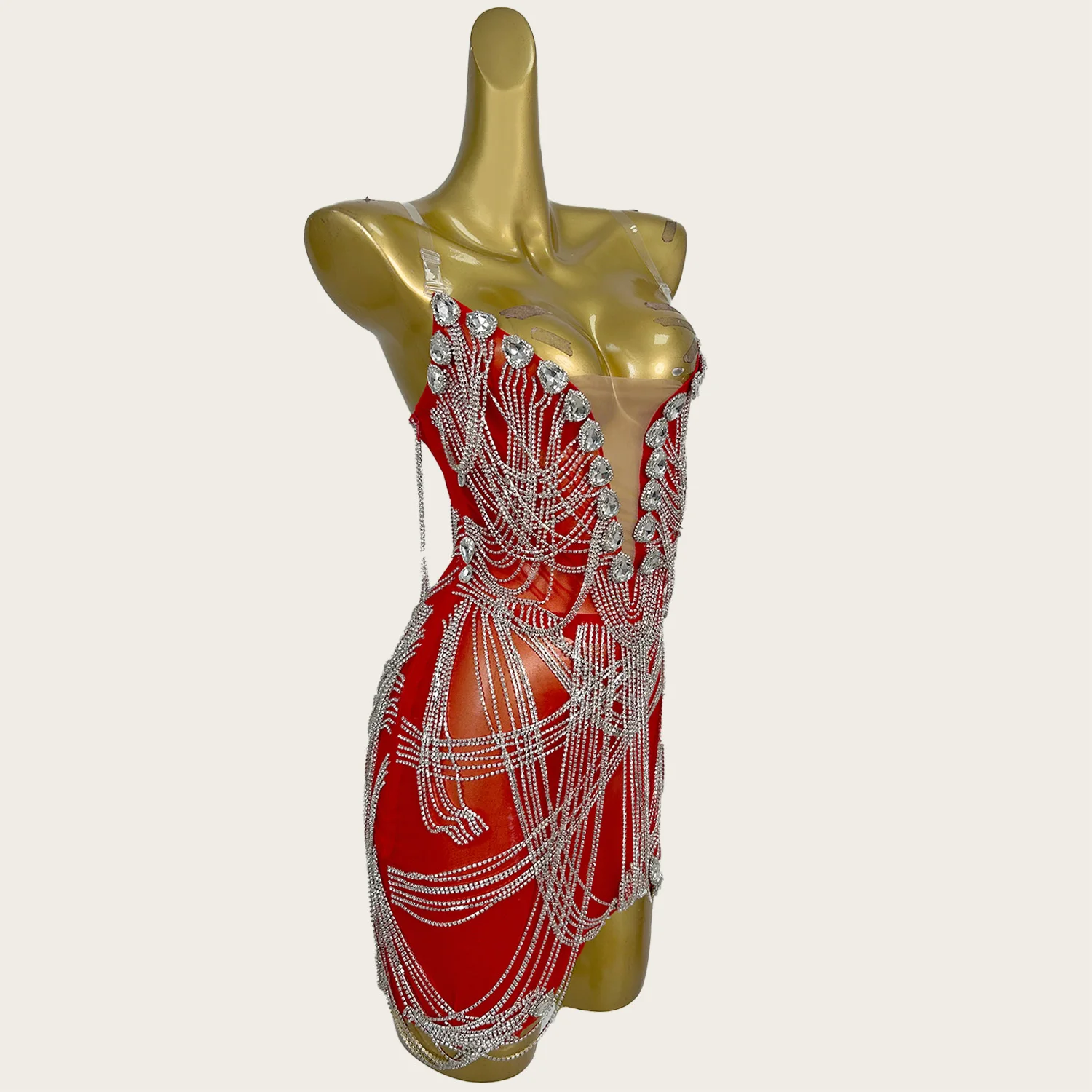 

High-end Crystals Sheer Mesh Mini Dress Birthday Celebrate Party Photo Shoot Wear Gala Prom Red Carpet Cocktail Dress Xiatian