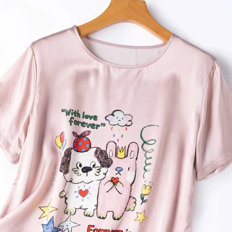 Birdtree, 19MM 100% Silk Print Tshirt, Short Sleeve O-neck Tops, Women Plain Satin Basics Pink Shirt, 2026 Summer New T66013JF