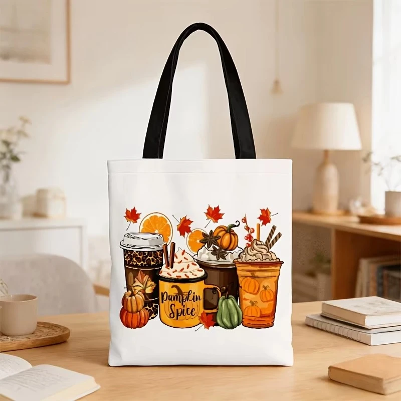 Pumpkin Spice Fall Coffee Canvas Tote Bag Autumn Maple Leaf Reusable Shopping Bag Women Shoulder Handbag