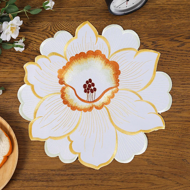 Hot Super Lily Flowers Embroidery Placemat Cup Mug Tea Pan Coaster Kitchen Dining Table Place Mat Lace Doily Wedding Drink Pad