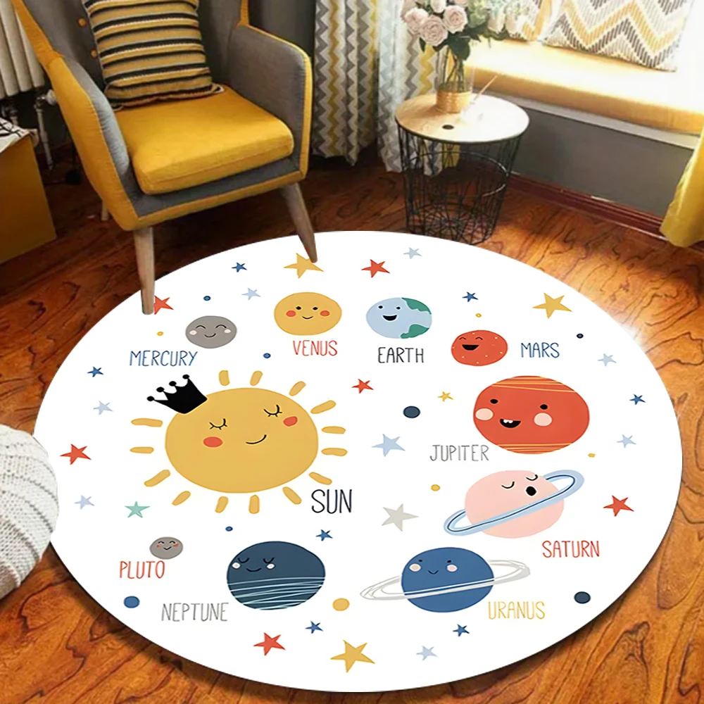 Cartoon Solar System Planets Pattern Round Area Rug Kids Cute Decorative Floor Mat for Bedroom Playroom