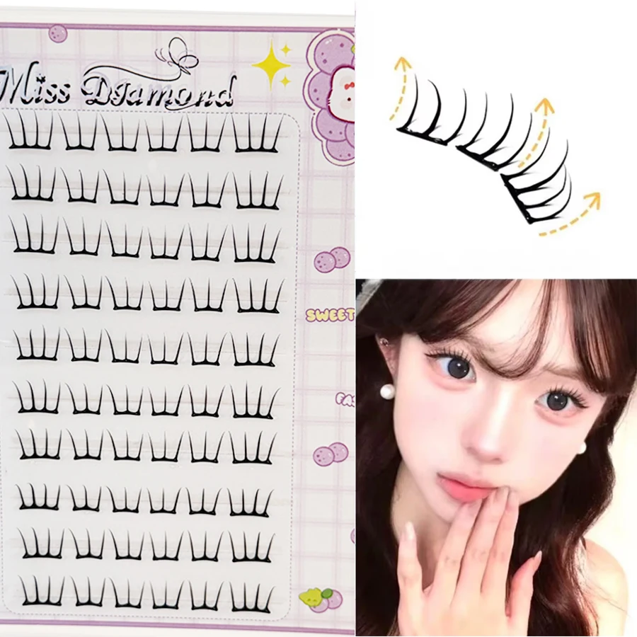 10 filas de pestañas postizas naturales densas, extensión segmentada sin pegamento, grupo coreano de mujeres con curvatura ligera, racimos de pestañas 2