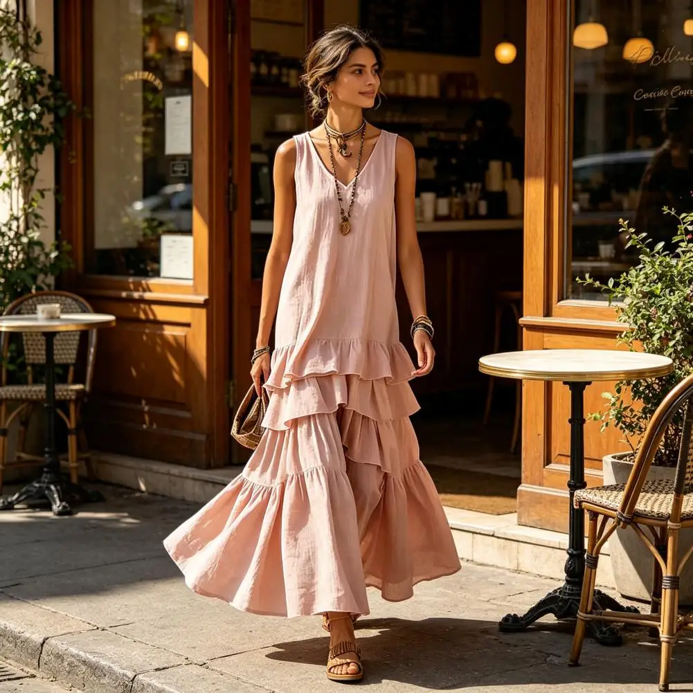 Summer Women's Sleeveless Maxi Dress V Neck Tiered Ruffle Loose Flowy Beach Sundress Casual Long Tank Dress Vacation Daily Wear