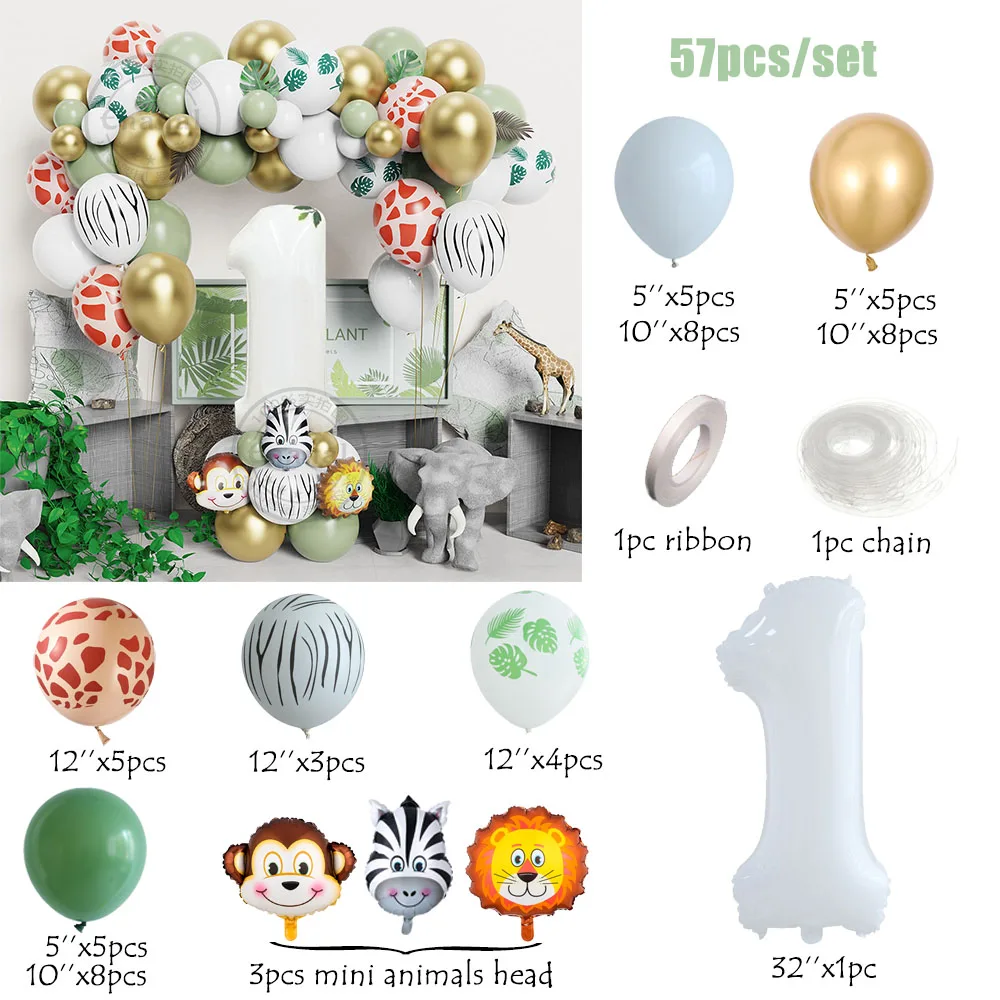 23/57pcs Jungle Safari Animal Number Balloons Set Kids 1 2 3 Years Birthday Party Decorations Wild One Green Latex Helium Globos view 2