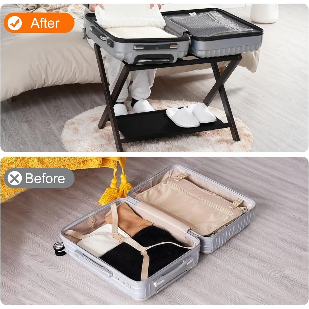 Portaequipajes, soporte plegable para maletas con estante de almacenamiento, portaequipajes resistente para habitación de invitados, dormitorio, hotel, portaequipajes