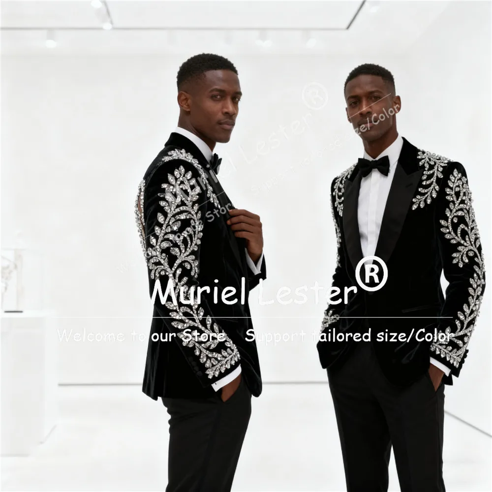 مطرز المخملية بدل زفاف للرجال 2 قطعة مجموعات العريس حجر الراين بلورات انقطاع تصميم مخصص سليم صالح البدلات الرسمية