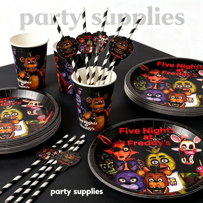 Five Nights at Freddy's Geburtstagsparty-Dekoration FNAF Teller Becher Strohhalm Tischdecke für Eventbedarf Einweggeschirr Banner