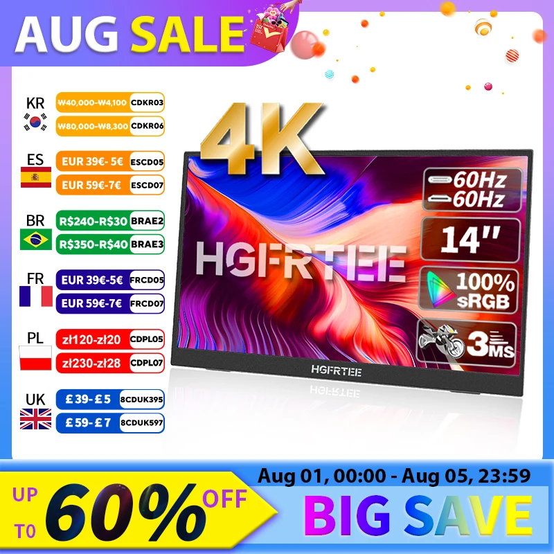 

HGFRTEE 14inch 4K Portable Monitor 3840*2160 100%SRGB ADS-IPS Extended Display with Bracket For PC Laptop Phone Switch