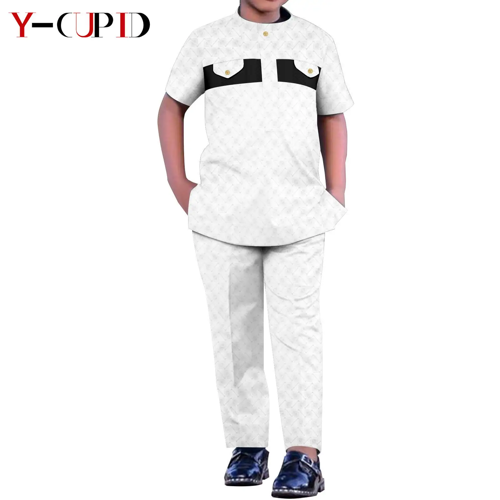 Afrikanische Jungenanzüge, Oberteil und Hose, 2-teiliges Set, Bazin Riche, Kinder-Kind-Outfits, traditioneller Kaftan, muslimische Kleidung, Kleidung Y 234014