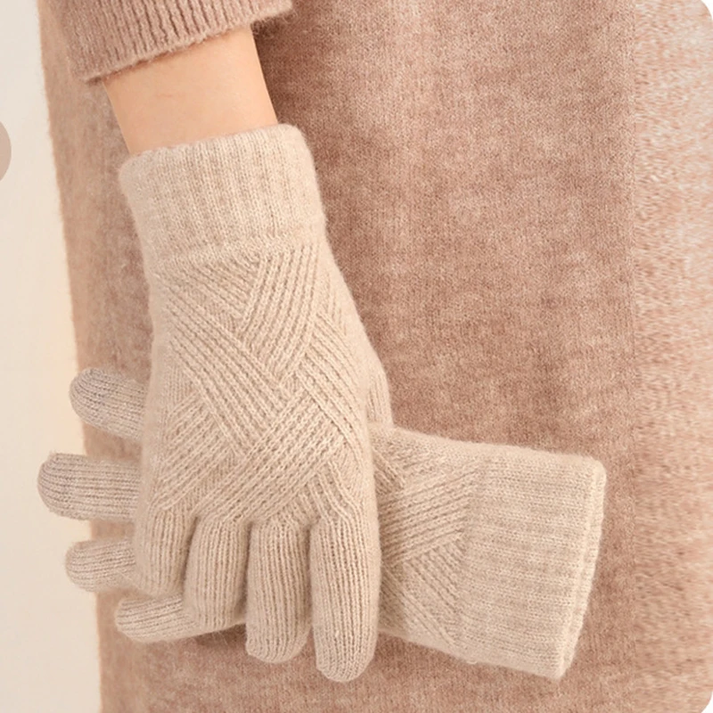 Guantes de lana de punto de doble capa para hombre y mujer, protección contra el frío, Cachemira, pantalla táctil, grueso, cálido, invierno, moda