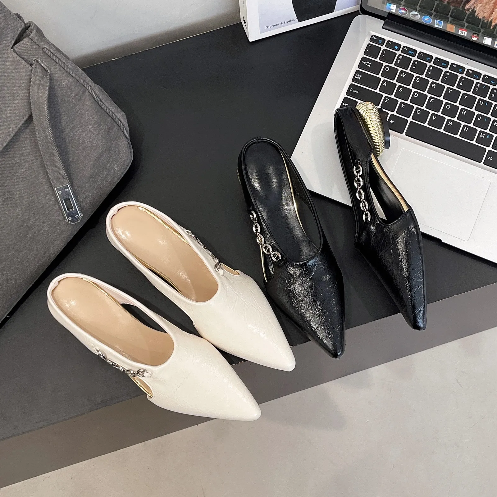 Women's High Heels Summer New Pointed Toe Semi Wrapped Thick Heel Sandals Low Heel Slip-On Versatile Slippers Rubber Sole