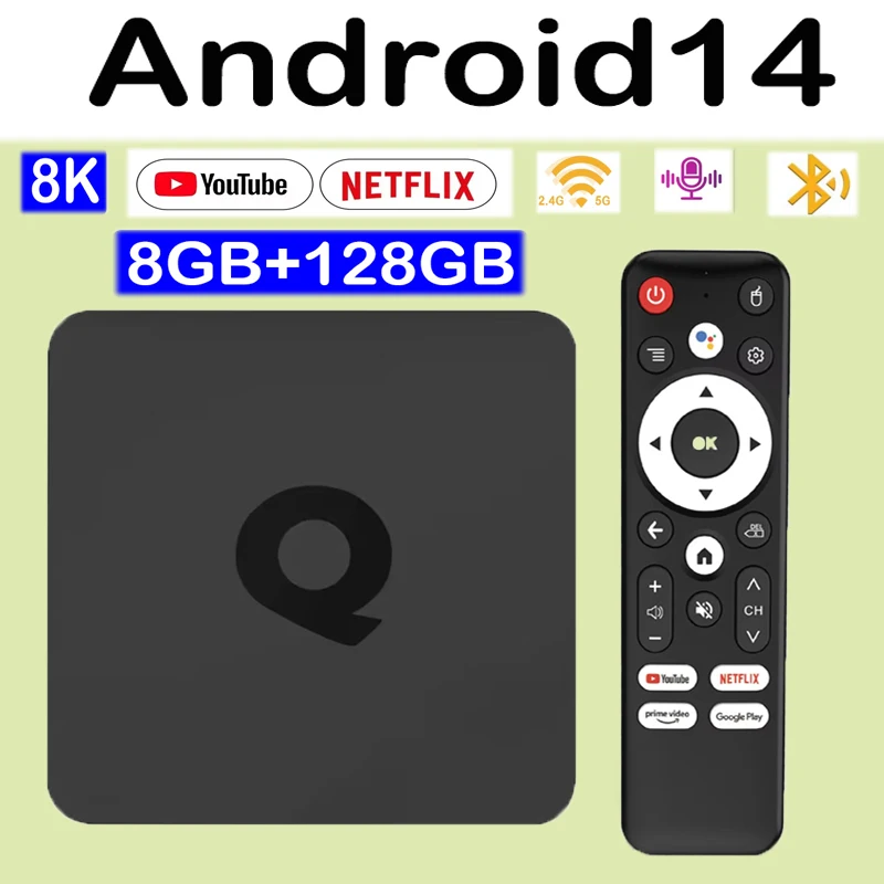 أندرويد 14 Q1 صندوق التلفزيون الذكي يوتيوب مشغل الوسائط الصوتي 4GB 64GB فك التشفير 8K مشغل الوسائط المزدوج واي فاي بلوتوث 5.4 صندوق التلفزيون