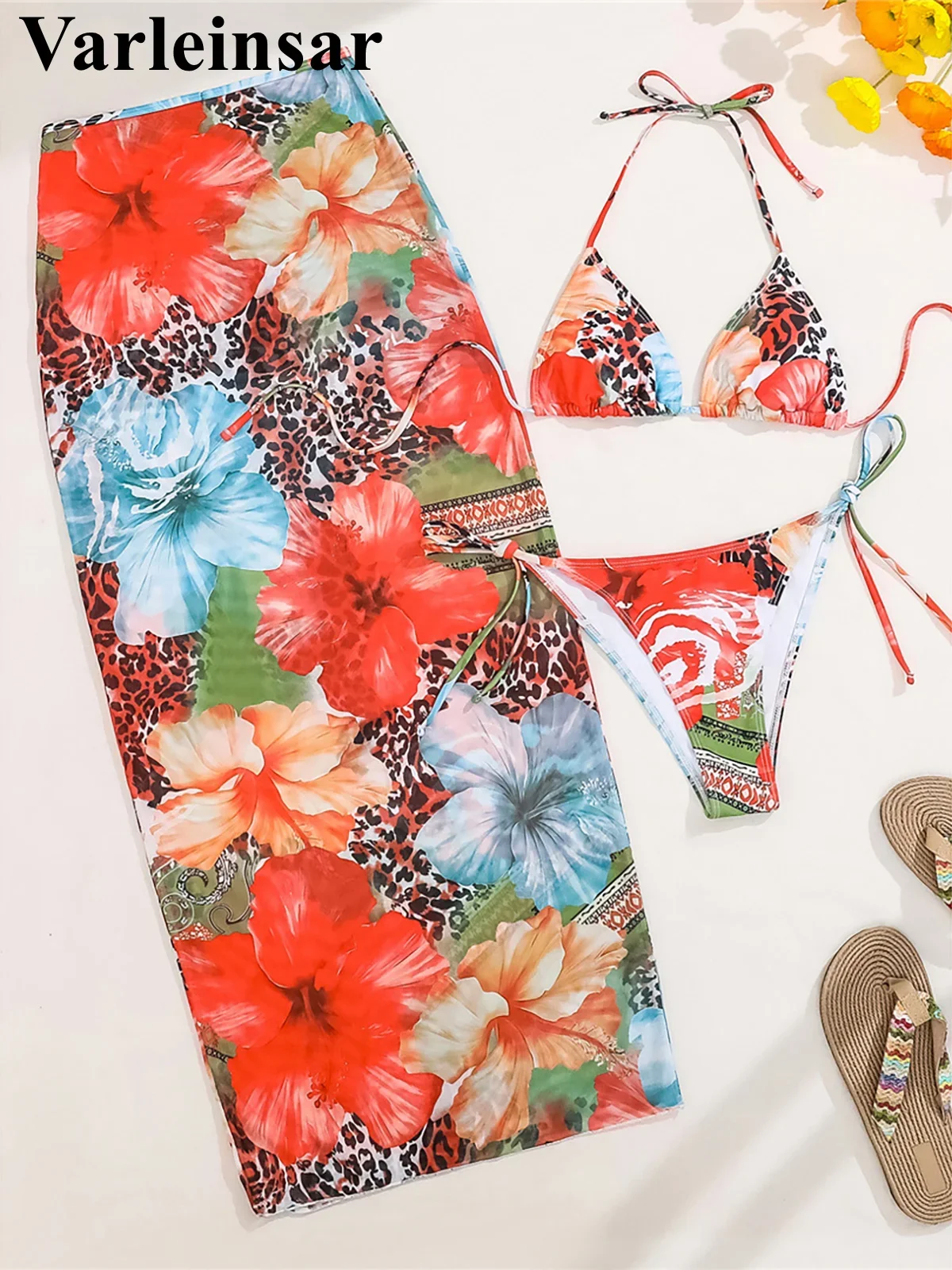 

XS - L With Skirt Leopard Flowers Bikini Female Swimsuit Women Swimwear Three-pieces Bikini set Bather Bathing Suit Swim V6788O