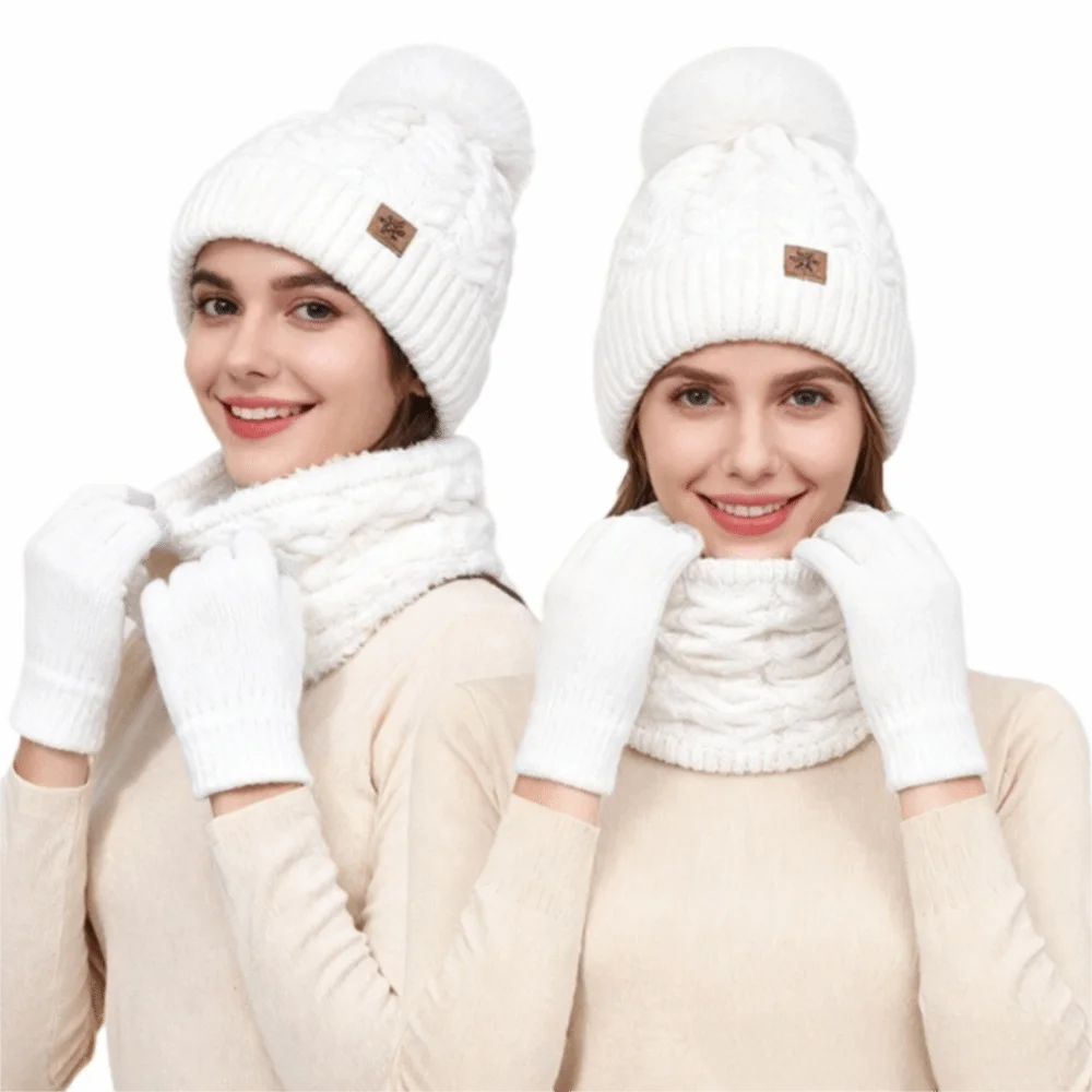 3Pcs/Set Fashion Warm Winter Hat Scarf Gloves Neck Protection Knitted Hat Soft Windproof Beanies Hat Outdoor