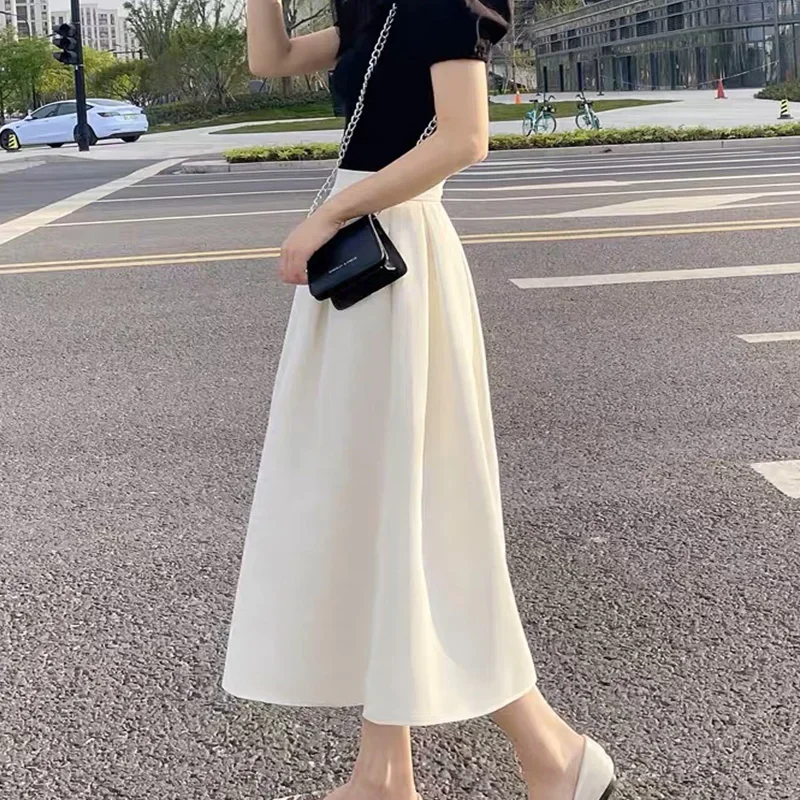 New Summer Korean Style Retro Aesthetic Loose Casual Women Solid Color Bohemian Mixed Cotton Sweat Pleated Y2K Chic Skirts A447