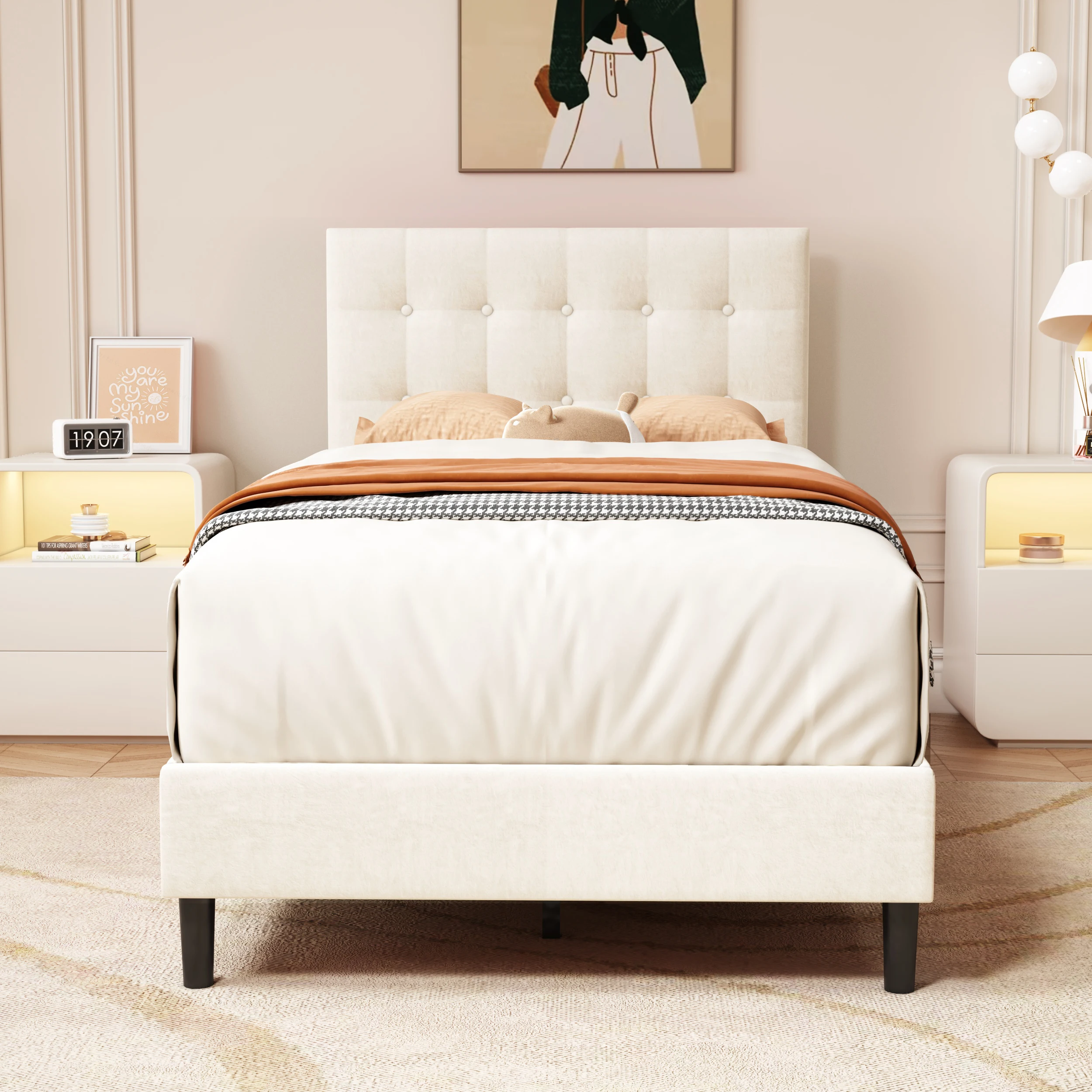 Upholstered Platform Twin Bed Frame with Button Tufted Velvet Headboard Wood Slat Support Easy Assembly No Box Spring Needed