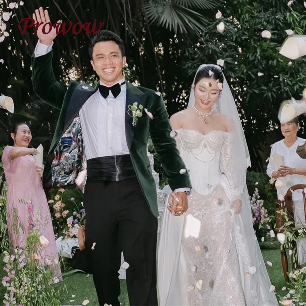 

Prowow Luxury Lace Pearls Wedding Dress Korea Photo Shoot Off Shoulder Floor Length Bridal Gown Full Sleeves Corset Customized