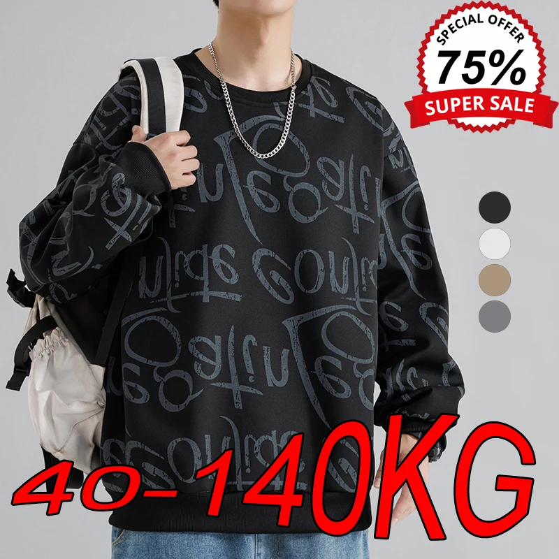 8XL Sweatshirts Men's Big Size 2024 New Fashion Printing Casual Long-sleeved T-shirt Large Size Loose Round Neck Bottoming Shirt