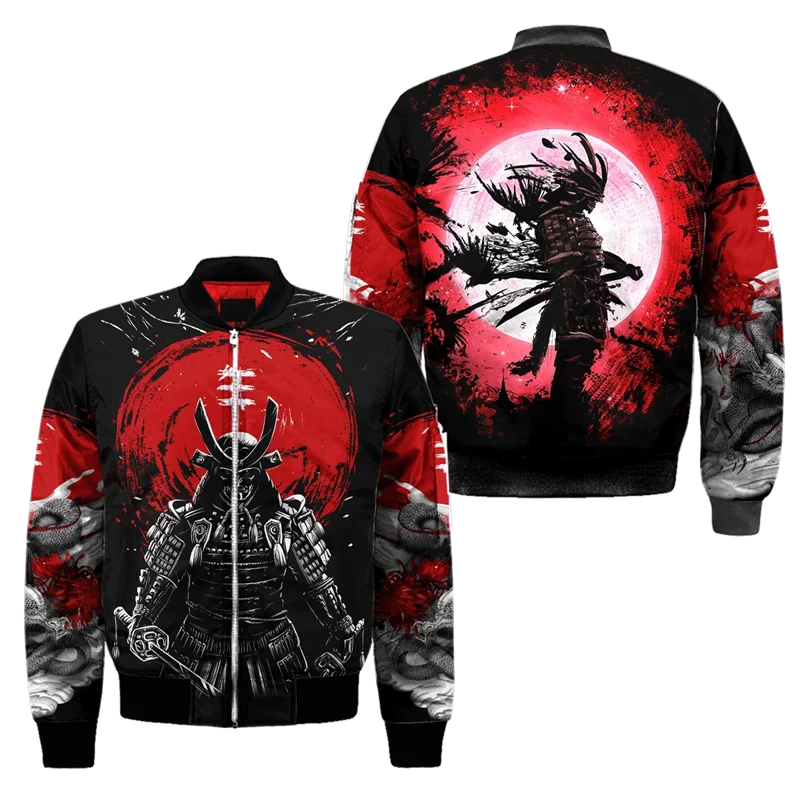 Fatos de treino com zíper impressos em 3D unissex, máscara Samurai Oni, jaqueta bomber, jaqueta casual com zíper, roupas masculinas, primavera e