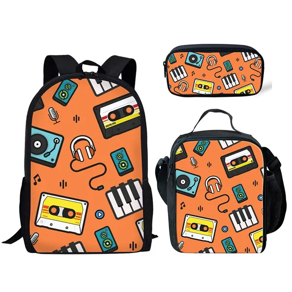 Tas sekolah anak laki-laki dan perempuan, ransel penyimpanan kasual remaja, tas sekolah motif musik Rock 3 buah/set