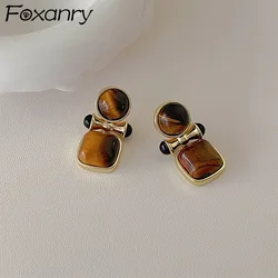 Foxanry Tiger Eye Square Pendant Drop Earrings For Women Girls Vintage Creative New Fashion Maillard Wedding Bride Jewelry Gifts