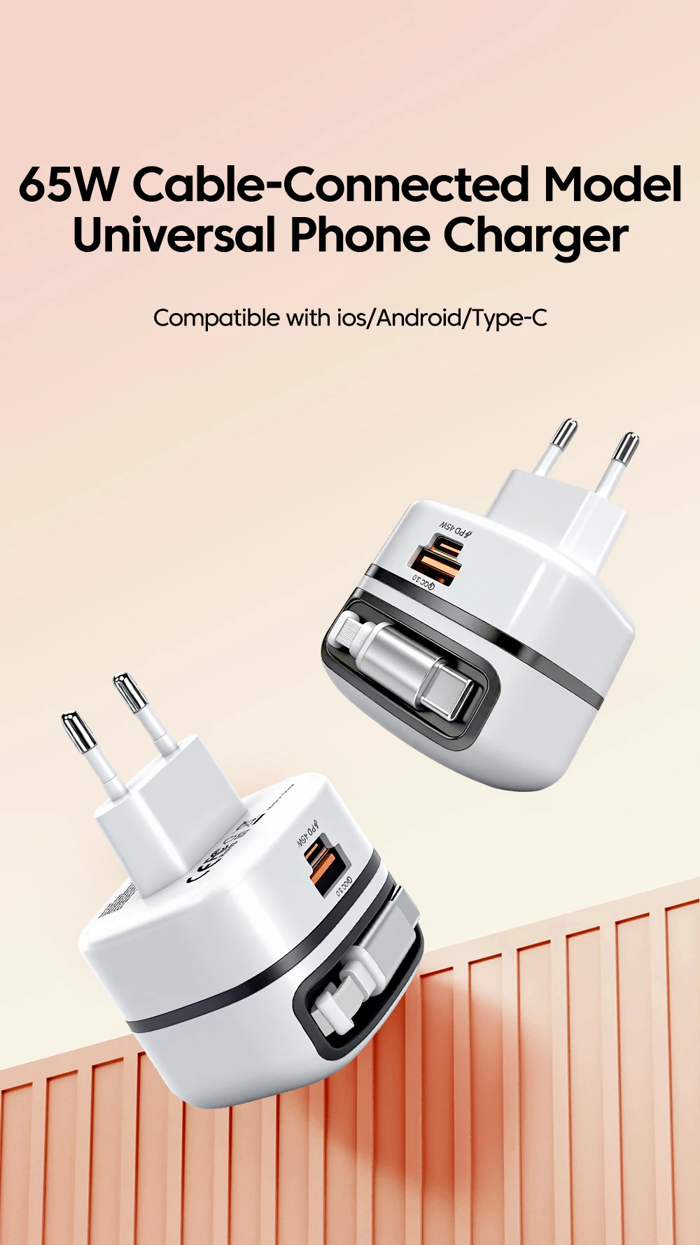 Cargador de carga rápida de 65W, adaptador de corriente para teléfono móvil con cable tipo C retráctil para iPhone 16, 1