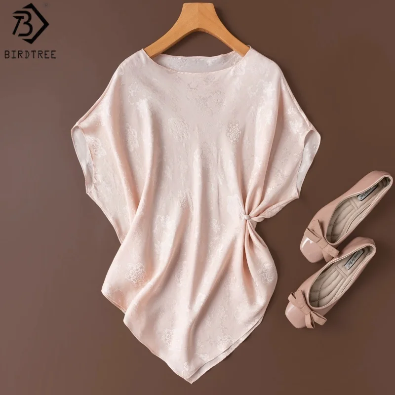 

Birdtree, 100% Real Silk Bias-cut Tshirt, Slash Neck Batwing Sleeve Tops, Women Jacquard Full Hole Luo Shirt, 2026 New T65003JF