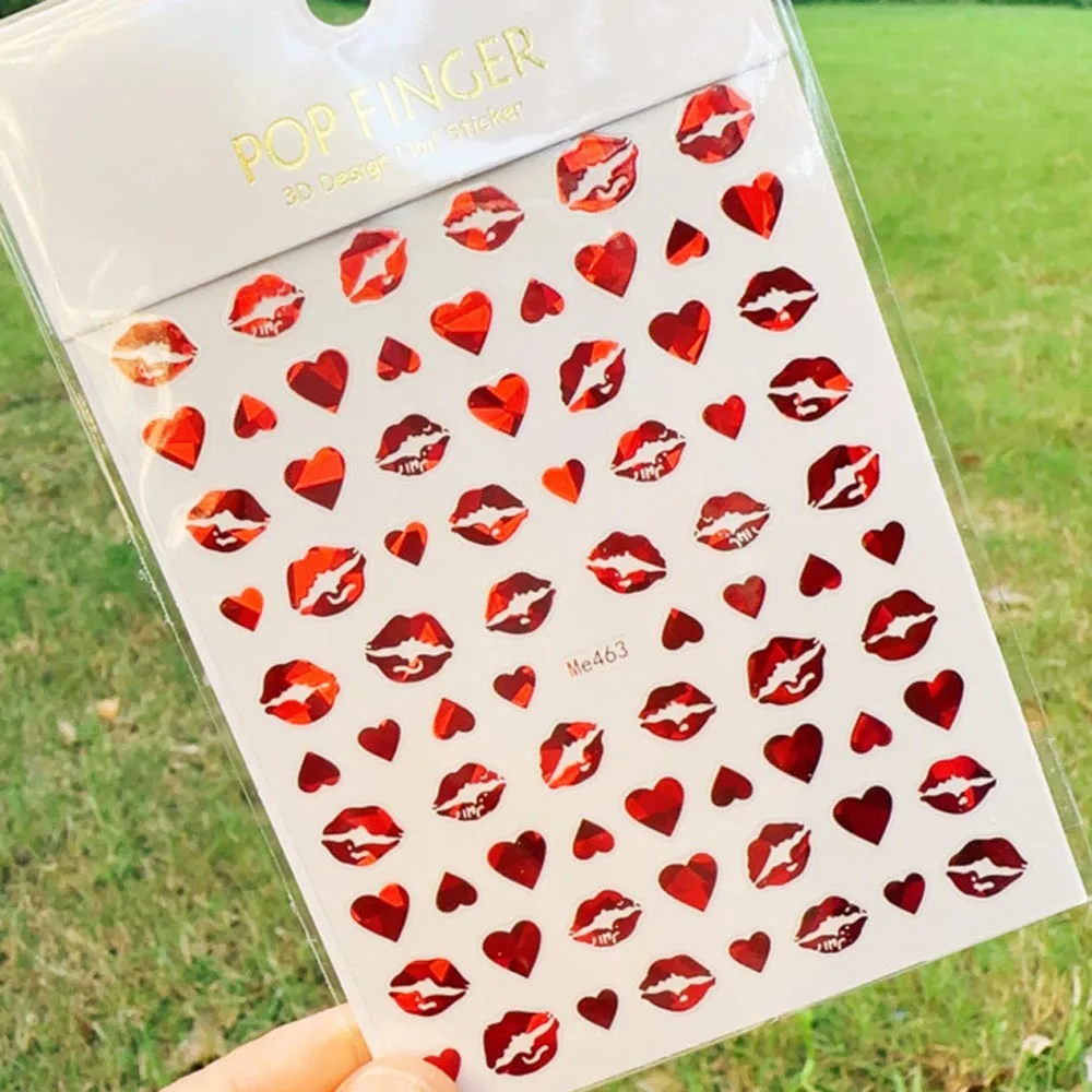 3D Nail Art Stickers Valentine Day Sexy Lips Heart Letter Bear Geometric Face Adhesive Laser Gold Silve Slider 10*8 Nail Decals