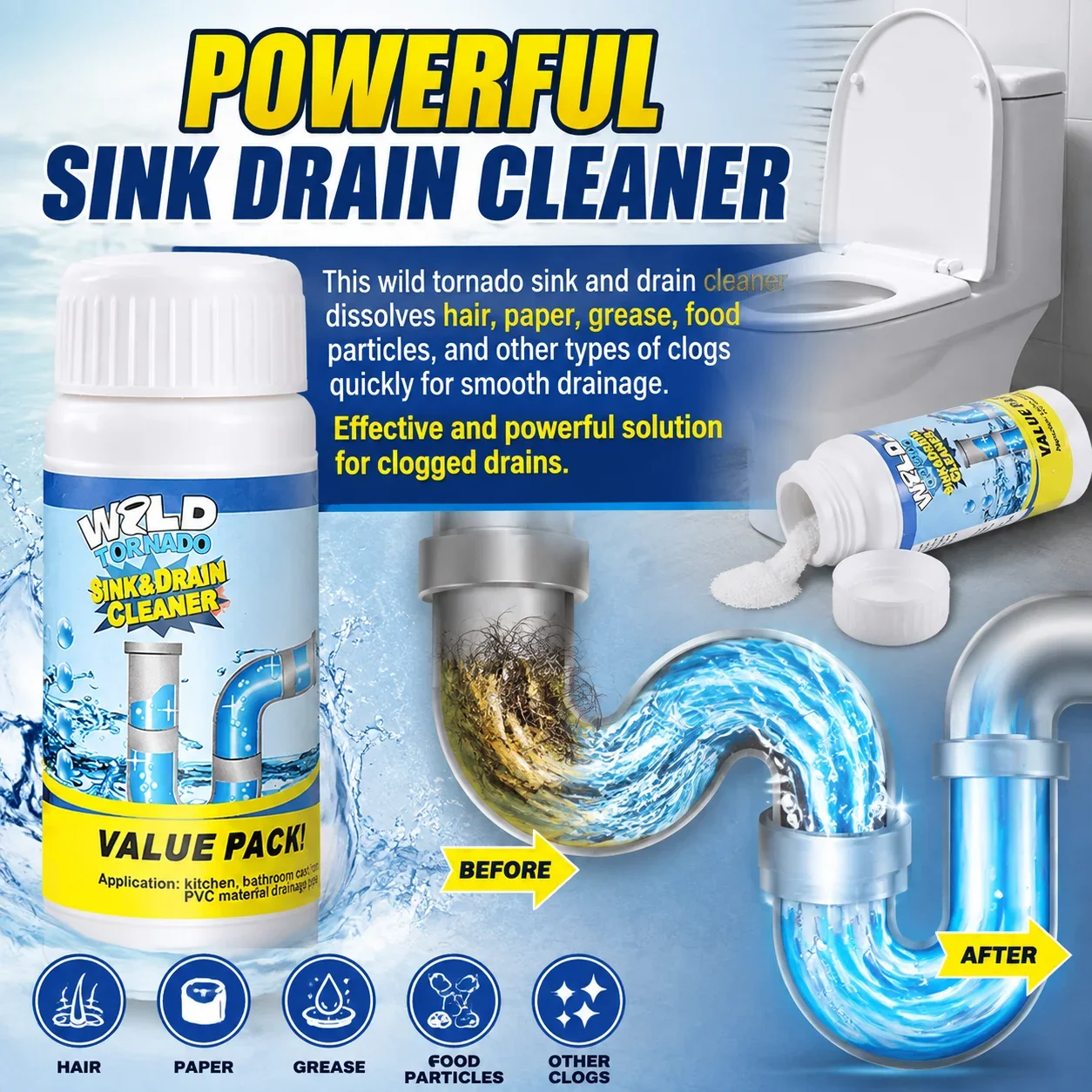 Powerful Sink&Drain Cleaner Powder-High-Efficiency Clog Remover with Fast Foaming Powerful Cleaning Tool for Home Kitchen1-12Pcs