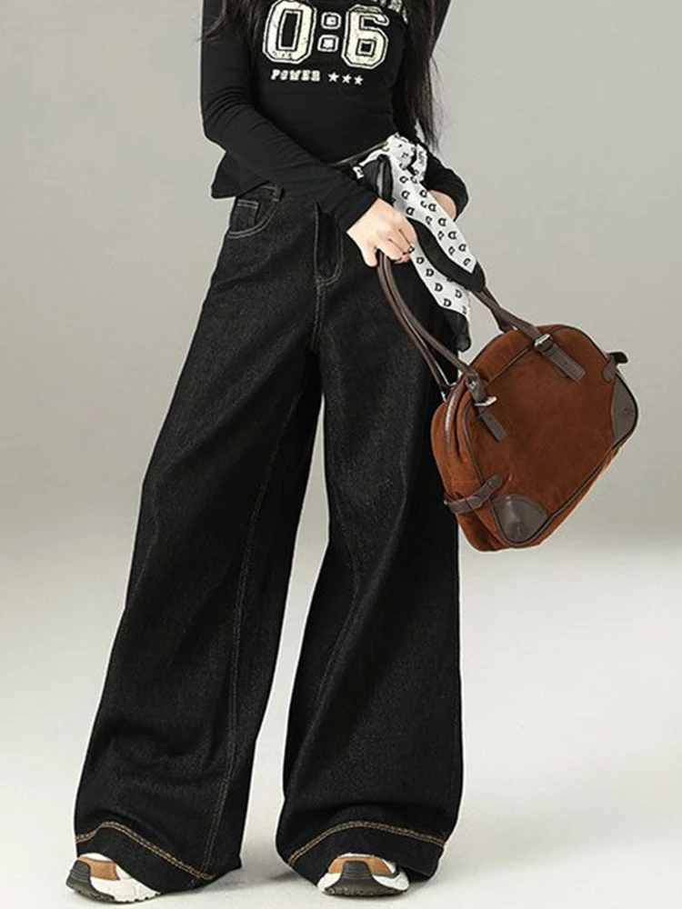FINEWORDS Retro Casual Koreańskie Czarne Jeansy Damskie Streetwear Wysoki Stan Łatwe Do Dopasowania Długie Szerokie Nogawki Spodnie Jeansowe