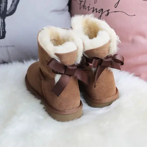 Natural Wool Shoes Women 2025 Woman Classic Bow Tie Winter Classic Snow Boots Genuine Sheepskin Women's Warm Shoes Boots