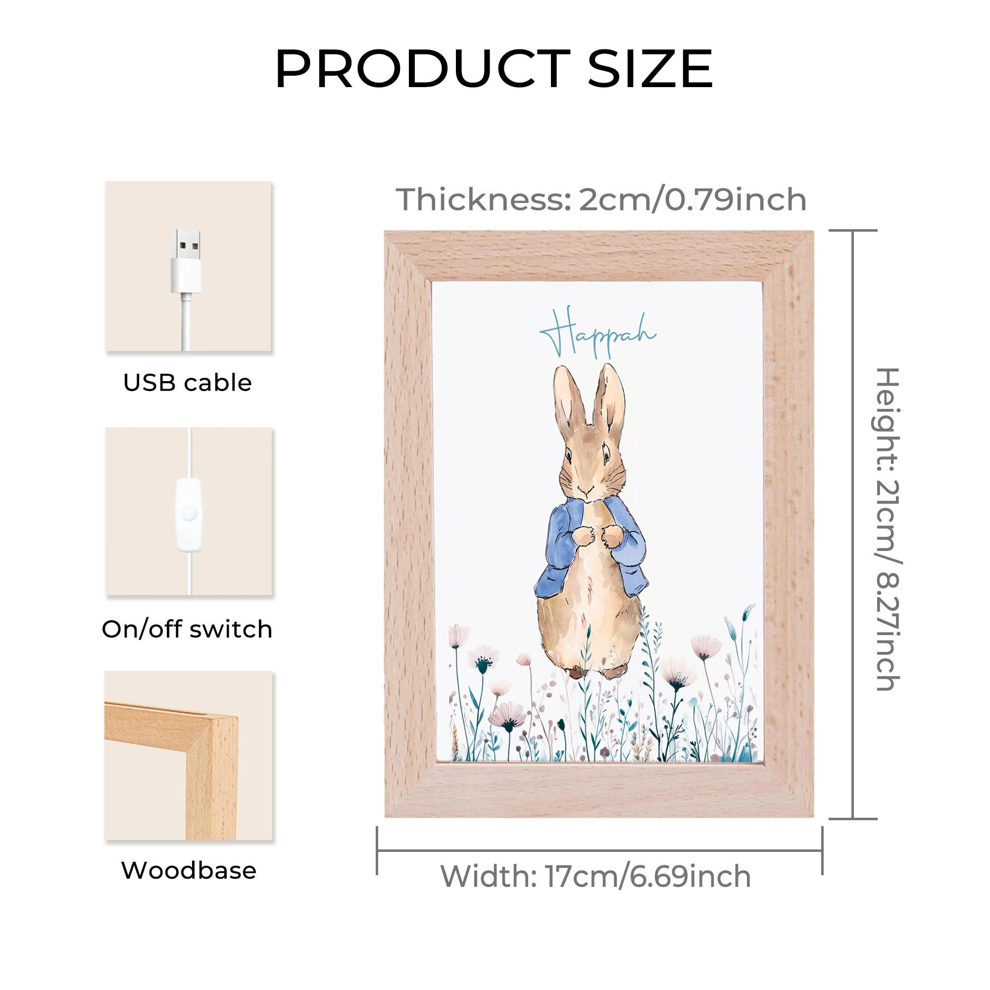 2d plana nome personalizado dos desenhos animados peter coelho led acrílico luz da noite moldura de madeira 21x17cm crianças quarto presentes decoração casa