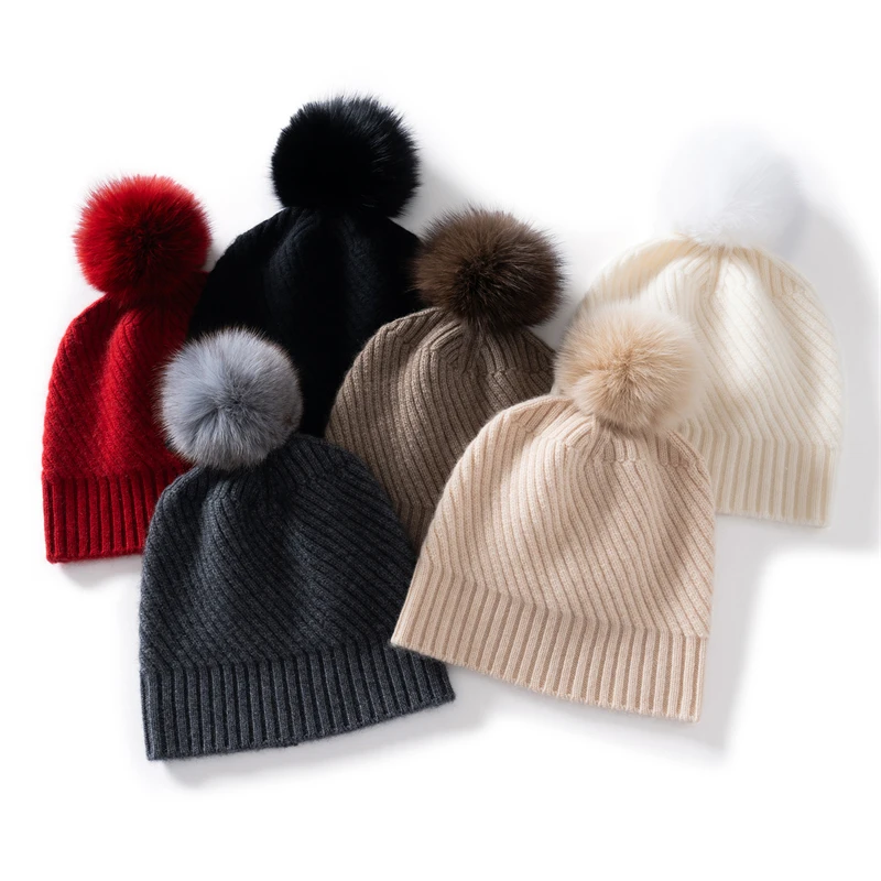Men's Women's Winter Warm Knitted Hat 100% Cashmere Korean Style Casual Thickened Cold-Proof Pom Pom Cap