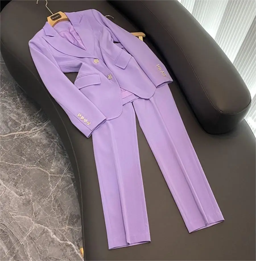 Light Purple Lady Office Solid Formal Suit Long Sleeve Two Buttons Notched Blazer Pencil Pants Women 2Pcs