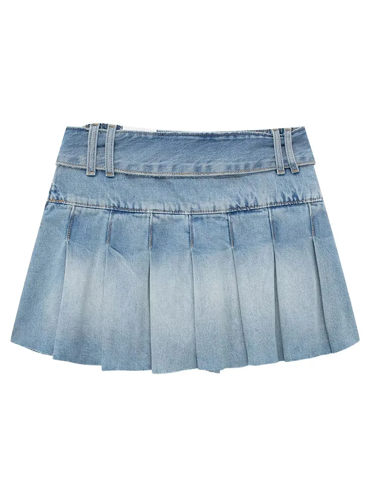 TRAF 2023 summer new women's fashion A-line high waist with belt denim mini skirt retro washed blue hot girl pleated skirt