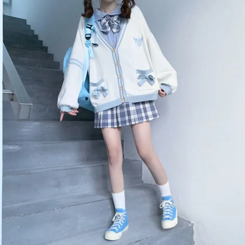 Winter Japanese Kawaii Fashion Pink Cardigan Women Harajuku Knitted Sweater Cute Bow Heart Korean College Style JK Uniform Coat