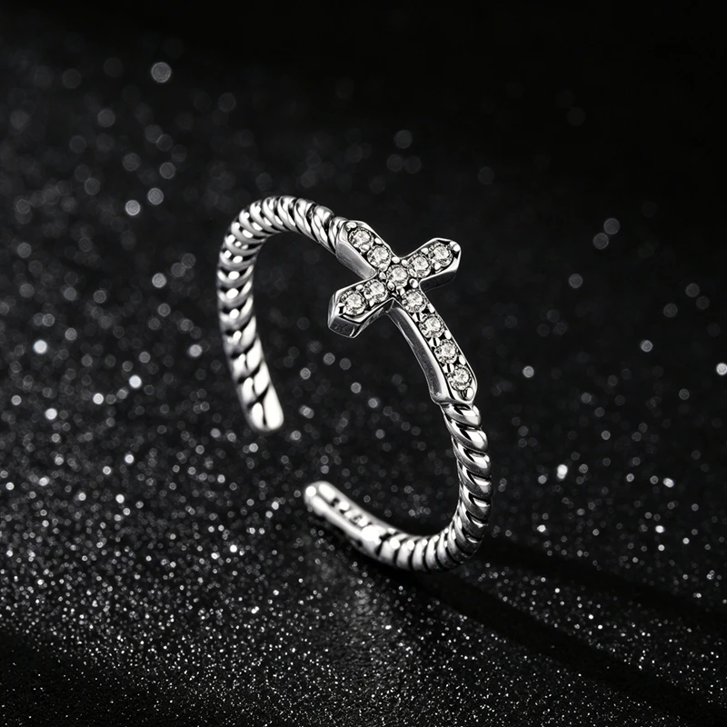 

Original 925 Sterling Silver Open Ring For Woman Cross Sparkling Adjustable Ring Party Anniversary Female Jewelry