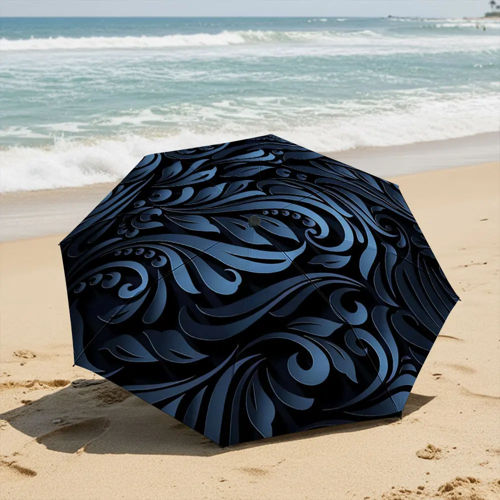 Elegant Dark Blue Swirling Pattern Umbrella Compact Fashion Folding Umbrella for Daily Use, Christmas Gift