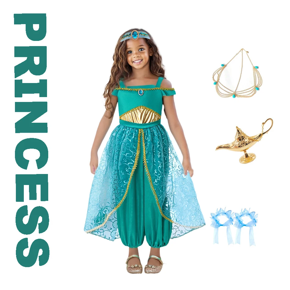 Halloween Costume Aladdin Same Style Clothes Jasmine Princess Shiny Gem set + Headdress Girl Performance Clothes Carnival Outfit