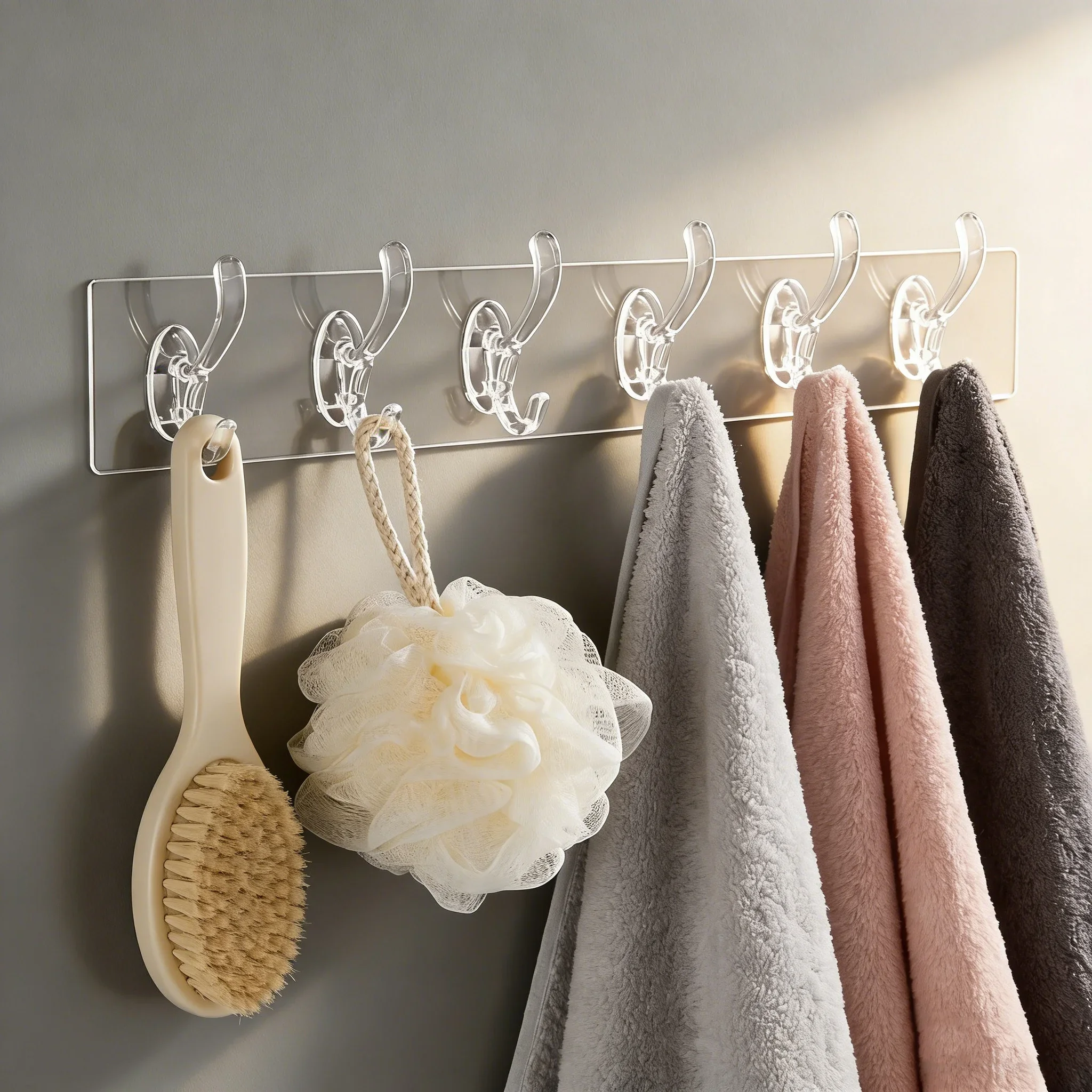 1pc Transparent 6-Hook Row Wall Organizer, No-Drill Strong Adhesive Mount, Multi-Purpose Hanging Rack for Towels, Clothes