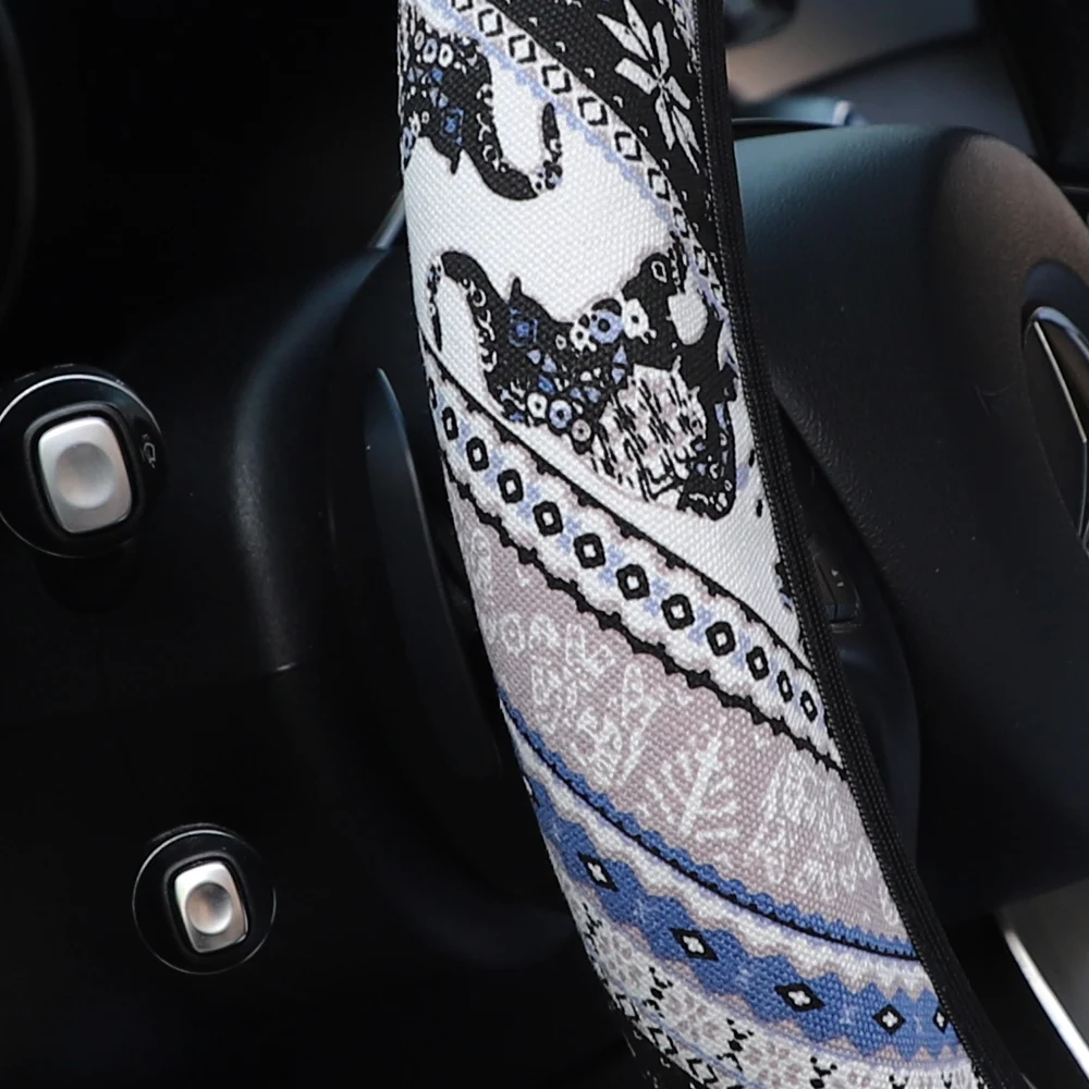Elephant Print Imitation Cotton Fabric Car Rimless Steering Wheel Cover for 14.5-15 Inch Vehicles. Automotive Decorative Items